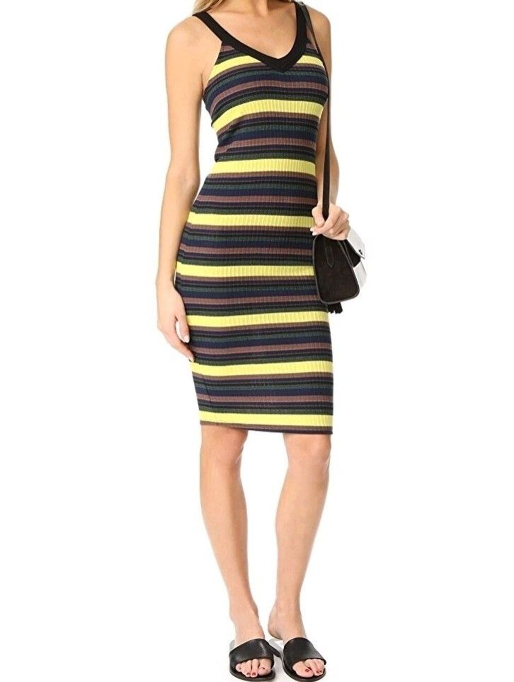 Splendid Jungle Stripe Ribbed Midi Dress V-Neck Sleeveless Y2K Womens S